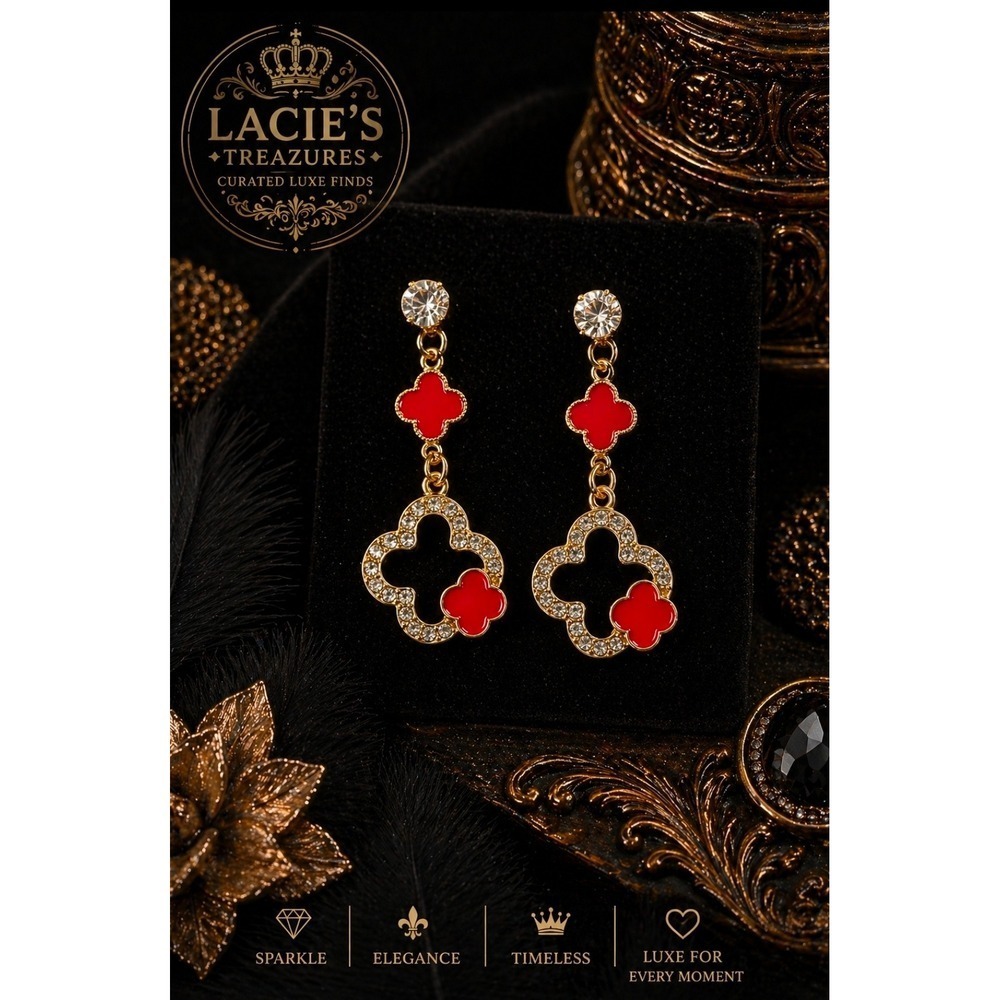 ✨ Gold Red Clover Drop Earrings | Rhinestone Statement Earrings | Glam Luxe